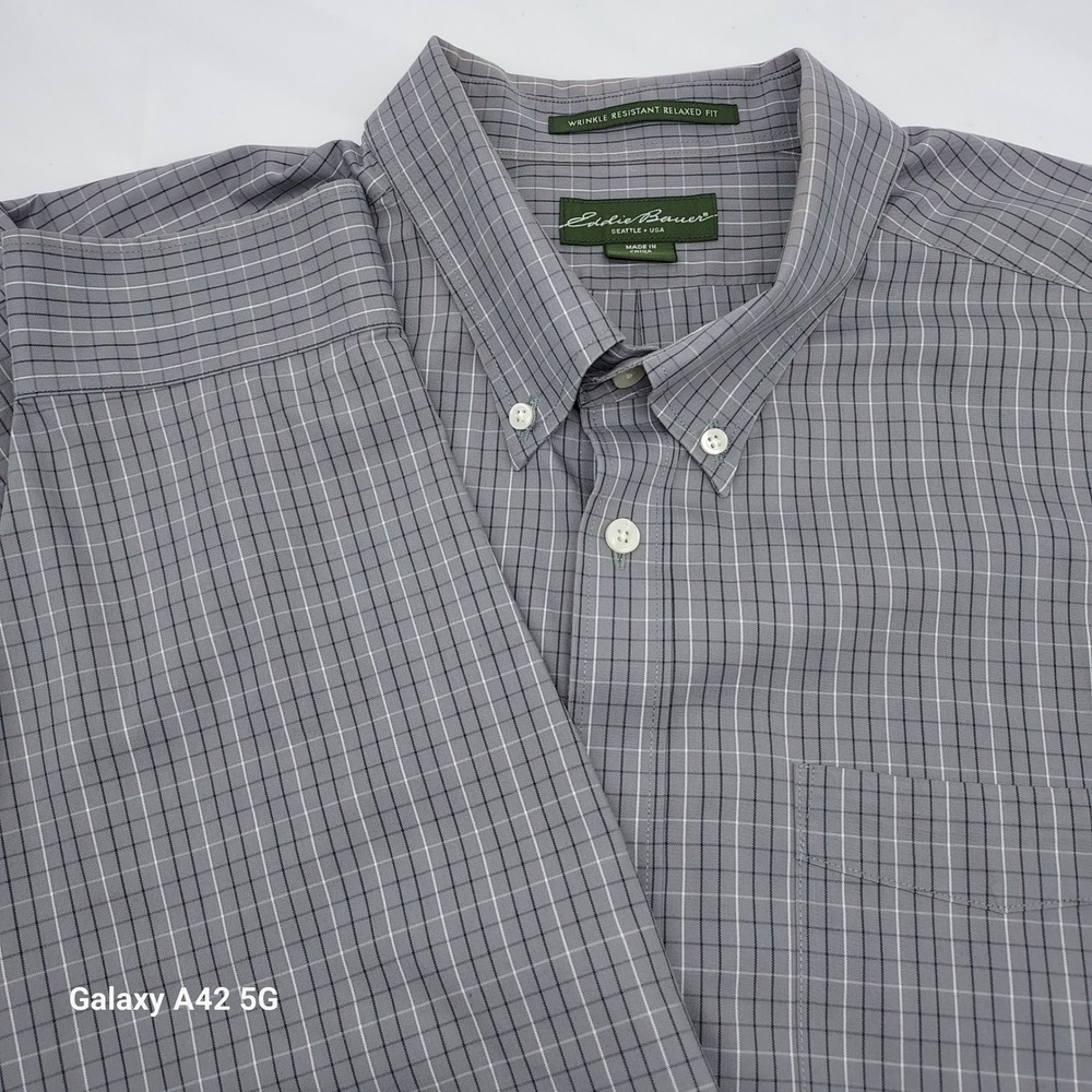 Eddie Bauer Mens XXL Grey Grid Wrinkle Resistant Relaxed‎ Fit Button Down Shirt